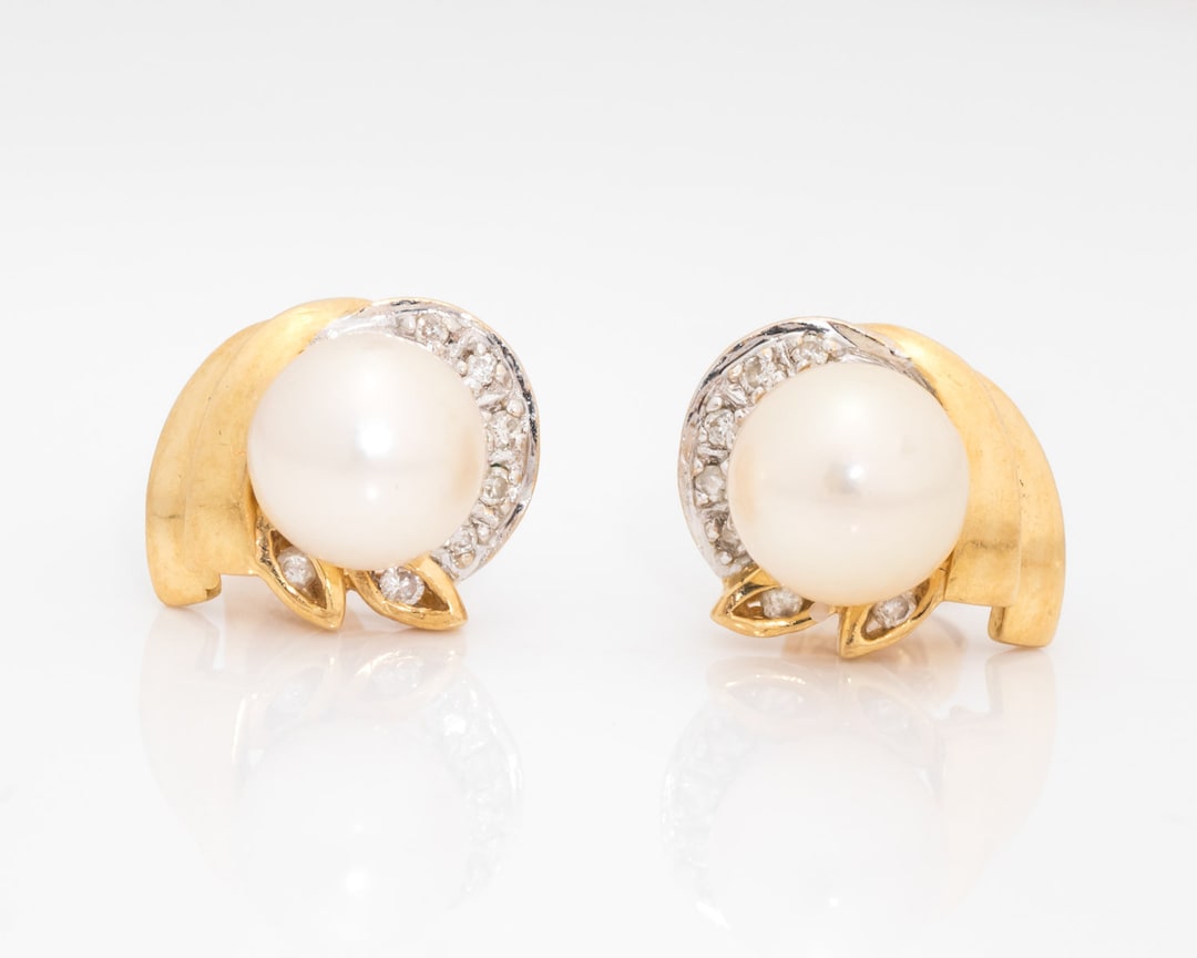 激安通販特集！ Pearl, 1980s Circa Diamond, VJ Earrings, Gold Tone Two 14k アクセサリー