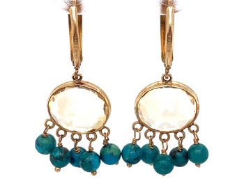 Circa 1960s Oval Citrine and Turquoise Bead Dangle Earrings in 14K Gold, FD#241A