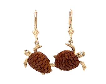 Circa 1990s Walnut Wood Turtle Earrings with Diamond Eyes in 14K Gold, FD#319A