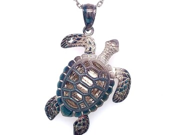 Circa 1980s Articulated Turtle Pendant and Chain in Sterling Silver with Burnt Patina, FD#232A
