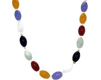 Circa 1950s Multicolored Jade Beaded Necklace with Pearls in 14K Gold, FD#336A