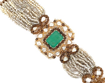 Circa 1950s Victorian Revival Seed Pearl and Emerald Bracelet in 14 Karat Gold, FD#1954A-ATL