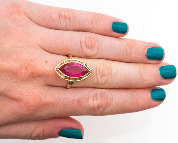 1960s Simulated Ruby & 10k Yellow Gold Ring, VJ #… - image 5