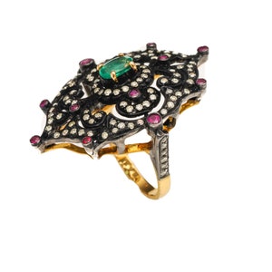 Circa 1970s Diamond, Ruby and Emerald Cocktail Ring, 18 Karat Gold and Silver, VJ#866A