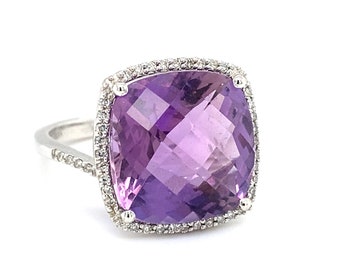 Circa 2000s 8 Carat Amethyst and Diamond Cocktail Ring in 14 Karat White Gold