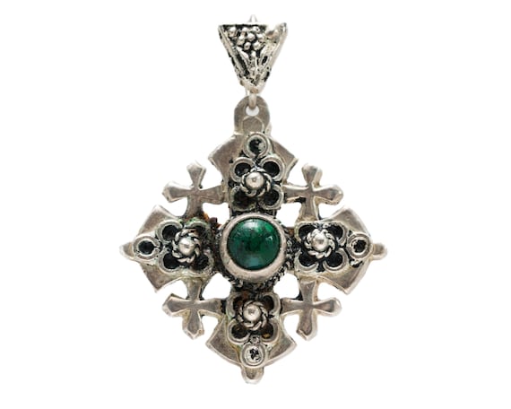 Circa 1940s Silver & Malachite Cross Pendant, VJ#… - image 1