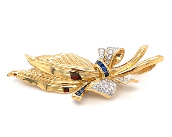 Circa 1960s Bow Leaf Pendant Brooch with Diamonds and Sapphires in 18K Gold, FD#323A
