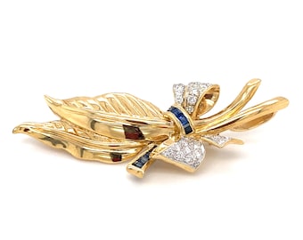 1960s 18K Gold Leaf Bow Brooch Pendant with Sapphires and Diamonds