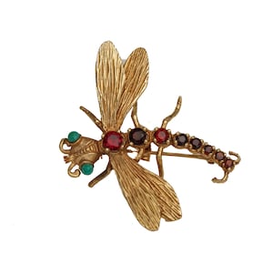 Circa 1950s Dragonfly featuring Garnets and Turquoise, 14 Karat Yellow Gold, VJ#49A