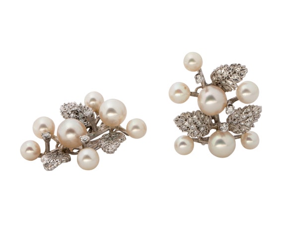 Circa 1950s Pearl and Diamond Earrings, VJ#340A - image 3