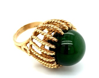 Circa 1960s Green Jade Cocktail Ring in 14K Gold