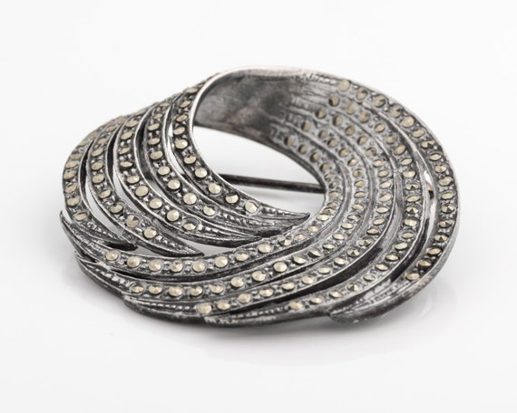 Vintage Sterling Silver & Marcasite Swirled Brooc… - image 3