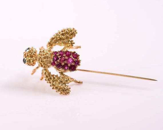 Circa 1980s 18k Yellow Gold, Ruby & Sapphire Bee … - image 5