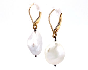 Circa 1990s White Baroque Pearl Lever Back Drop Earrings in 14K Gold, FD#245A