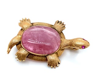 Circa 1960s Pink Tourmaline and Ruby Turtle Brooch in 14 Karat Gold, FD#47A-ATL