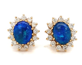 Circa 2000s Opal Doublet Stud Earrings with Diamonds in 14K Gold, FD#898A-ATL