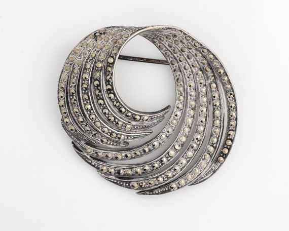 Vintage Sterling Silver & Marcasite Swirled Brooc… - image 1