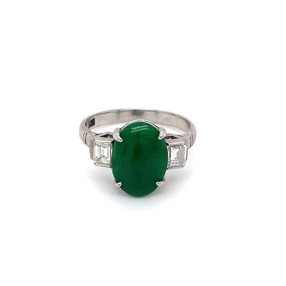 Circa 1930s Oval Green Jade and Diamond Three Stone Ring in Platinum, FD#1702A