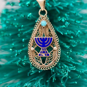 Circa 1940s Menorah Pendant, 14 karat Yellow Gold, Enamel and Turquoise from Israel, VJ#698A
