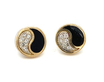 Hawaiian Black Coral and Diamond Yin-Yang Stud Earrings in 14 Karat Yellow Gold, FD#815A