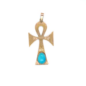 Circa 1970s Egyptian Ankh Turquoise Pendant in 18 Karat Gold, FD#852-ATL