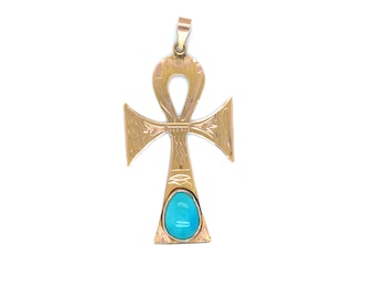 Circa 1970s Egyptian Ankh Turquoise Pendant in 18 Karat Gold, FD#852-ATL