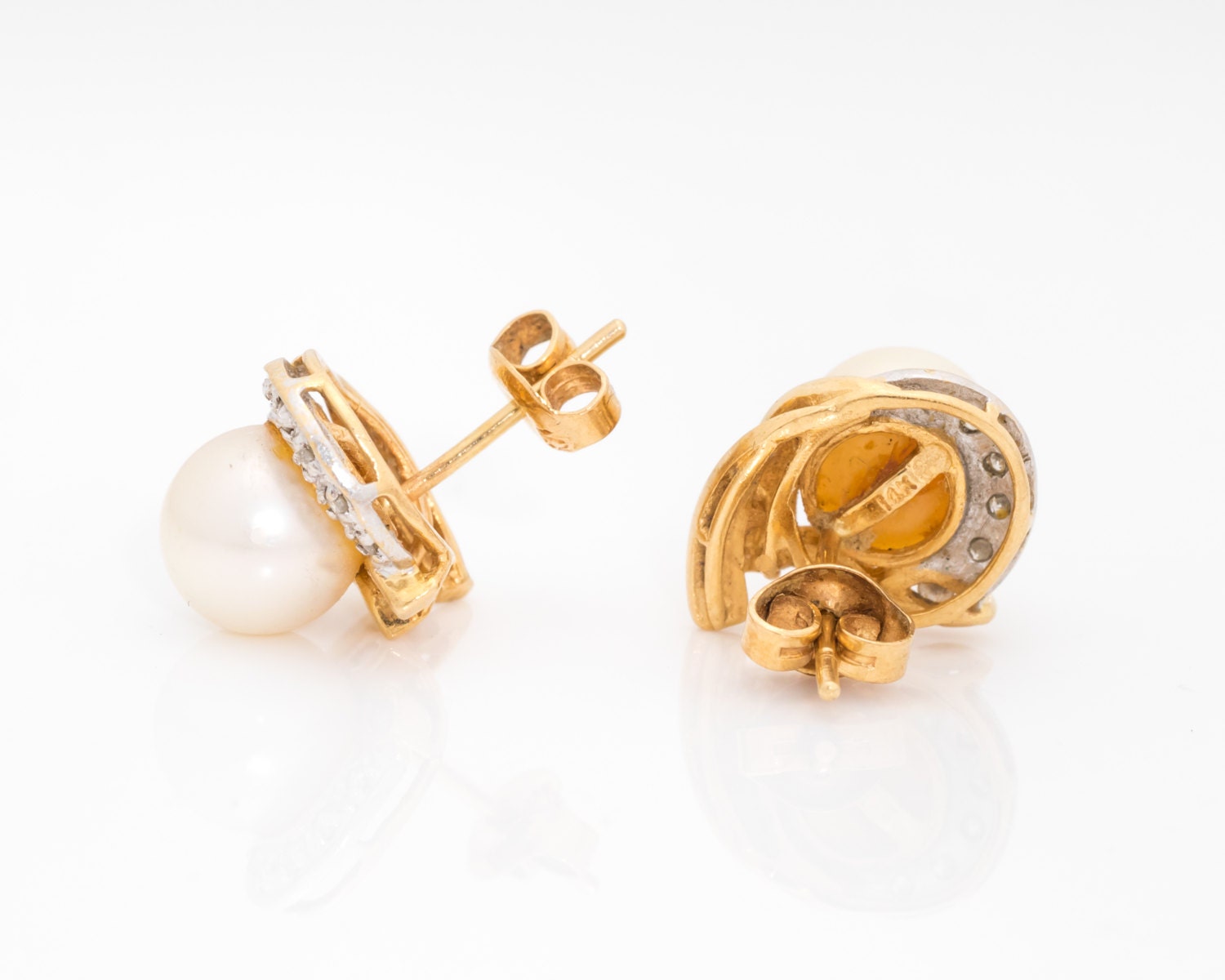 Circa 1980s Pearl, Diamond, 14k Two Tone Gold Earrings, VJ