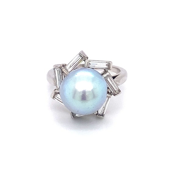 Circa 1950s Tahitian Pearl and Diamond Ring in Pl… - image 2