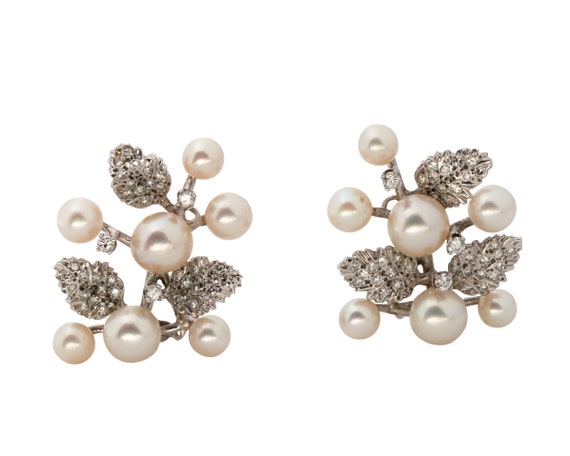 Circa 1950s Pearl and Diamond Earrings, VJ#340A - image 1