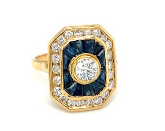 Circa 2000s Sapphire and Diamond Target Ring in 18k Gold