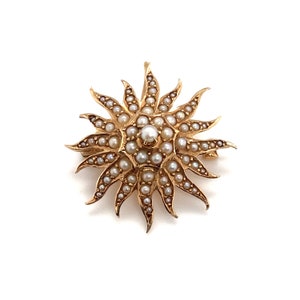 Circa 1890s Birks London Canada Sunburst Seed Pearl Brooch in 15 Karat Yellow Gold, FD1588-ATL image 1