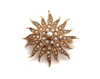 Antique 15 Karat Yellow Gold Sunburst Brooch: Seed Pearl Birks Pin