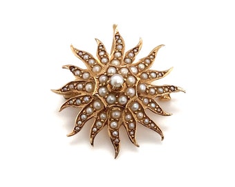 Circa 1890s Birks London Canada Sunburst Seed Pearl Brooch in 15 Karat Yellow Gold, FD#1588-ATL