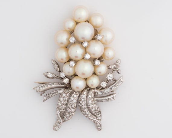 Circa 1950s 14k White Gold, Diamond & Pearl Brooc… - image 1
