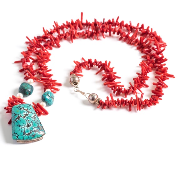 Turquoise & Red Coral 1950s Handmade Necklace, VJ