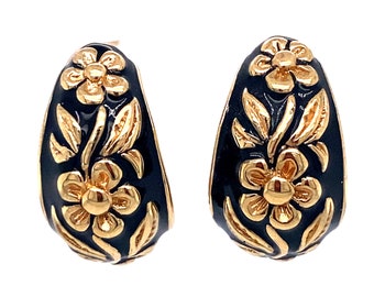 Circa 1960s Black Enamel Floral Motif Half Hoop Earrings in 14K Gold, FD#334A