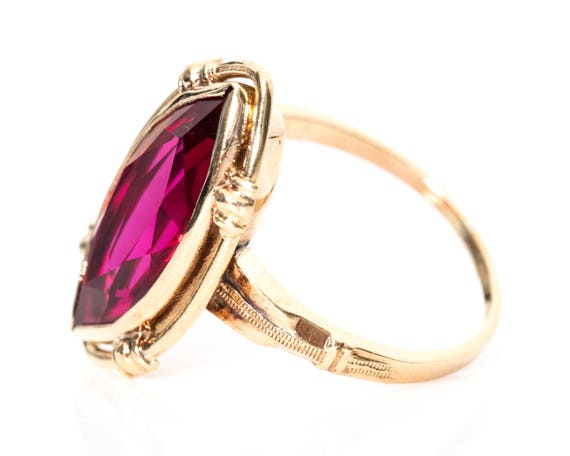1960s Simulated Ruby & 10k Yellow Gold Ring, VJ #… - image 3