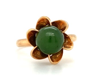 Circa 1950s Green Jade Flower Ring in 18K Gold