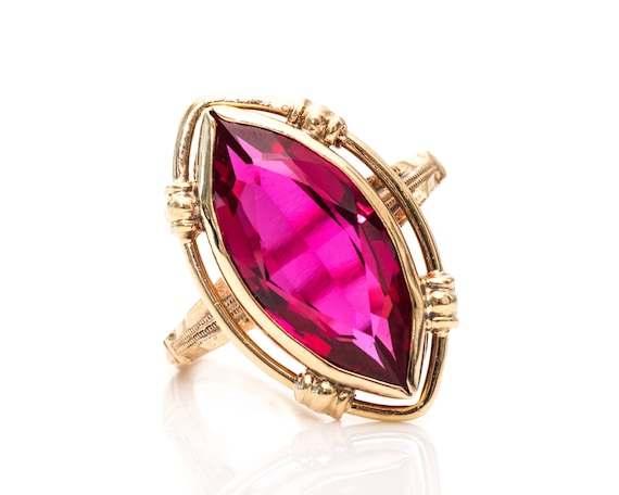 1960s Simulated Ruby & 10k Yellow Gold Ring, VJ #… - image 1