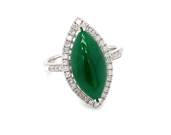 Italian Marquise Jade and Diamond Halo Ring in 18K White Gold, FD#150A-ATL