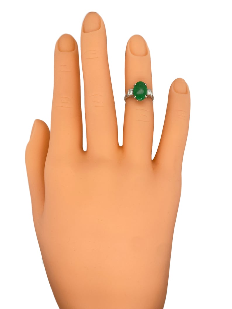 Circa 1930s Oval Green Jade and Diamond Three Stone Ring in Platinum, FD#1702A image 6
