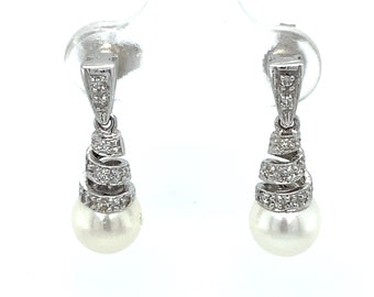 Circa 1990s Diamond and Pearl Spiral Drop Earrings in 14 Karat White Gold, FD#831-ATL