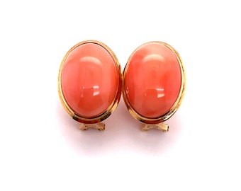 Circa 1920s Oval Orange Coral Button Earrings in 14K Gold, FD#228A