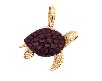 Circa 1990s Reclaimed Wood Sea Turtle Pendant with Diamond Eye in 14K Gold, FD#233A