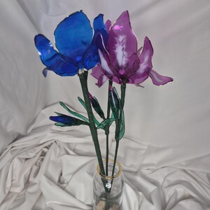 May include: A decorative arrangement of two translucent artificial flowers, one deep blue and one purple, with green stems and small buds. The flowers are displayed in a clear glass vase with a gold rim, containing small stones at the base.
