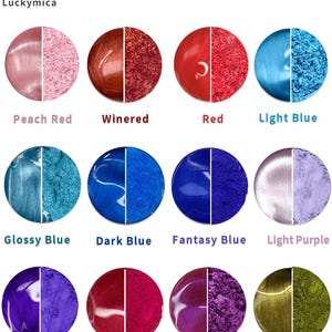 May include: A color chart titled Mica Powder Comparison: Wet vs. Dry States by Luckymica. It displays twelve circular swatches, each split into a smooth wet side and a textured dry side. Colors include peach red, winered, red, light blue, glossy blue, dark blue, fantasy blue, light purple, dazzling purple, crape myrtle, rose purple, and bronze color.