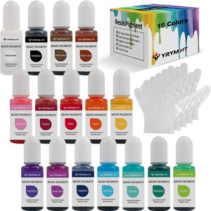 May include: A set of 16 YRYM HT resin pigment bottles in various colors, each labeled with 10ml/0.35oz capacity and leak-proof design. The collection includes a cardboard box with text and a set of clear plastic disposable gloves for application.