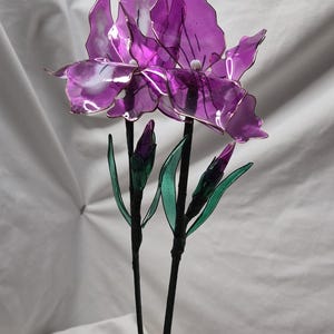 May include: A decorative floral arrangement featuring two purple iris flowers with translucent petals and thin wire edges. The stems are black and wrapped, accompanied by two smaller purple buds and green leaves, all displayed in a clear glass vase.