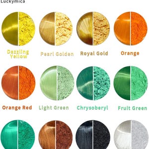 May include: A Luckymica chart titled Mica Powder Comparison: Wet vs. Dry States, displaying twelve circular swatches. Each circle is split, showing a smooth wet finish on the left and a textured dry powder on the right in colors including yellow, gold, orange, red, green, copper, black, and white.
