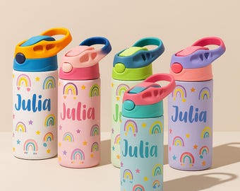 Wasserflasche Kinder Regenbogen Benutzerdefinierte Name Wasserflasche für zurück in die Schule Thermosflasche Personalisiert für Kinderkantine benutzerdefinierte Schule